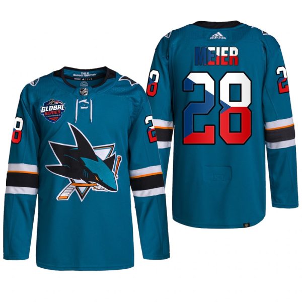 Men 2022 NHL Global Series San Jose Sharks Timo Meier Jersey Czech Republic Challenge Teal #28 Uniform