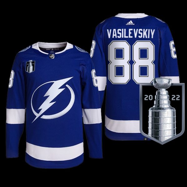 Men 2022 Stanley Cup Final Tampa Bay Lightning Andrei Vasilevskiy Jersey Primegreen Blue #88 Uniform