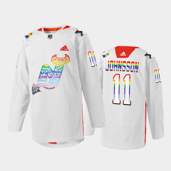 Men Andreas Johnsson New Jersey Devils LGBTQ Pride Night 2022 Jersey White #11 Warmup