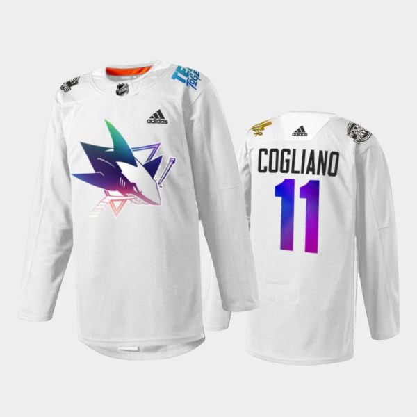 Men Andrew Cogliano San Jose Sharks Pride Night 2022 Jersey White #11 HockeyIsForEveryone