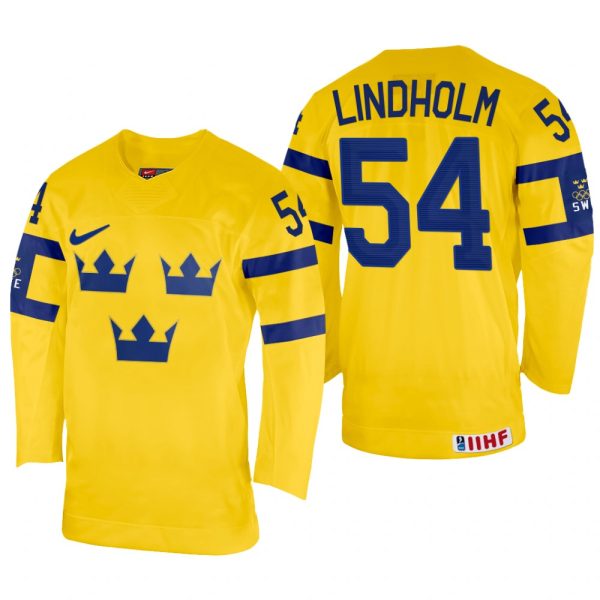 Men Anton Lindholm Sweden Hockey Yellow Home Jersey 2022 IIHF World Championship