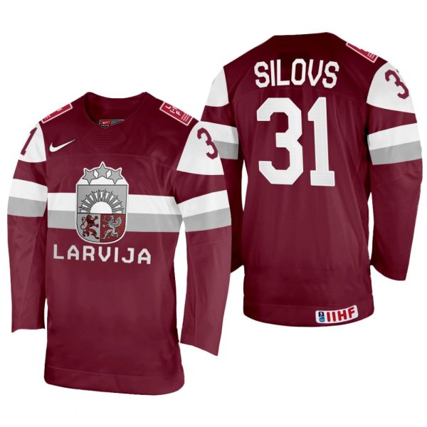 Men Arturs Silovs Latvia Hockey Maroon Away Jersey 2022 IIHF World Championship