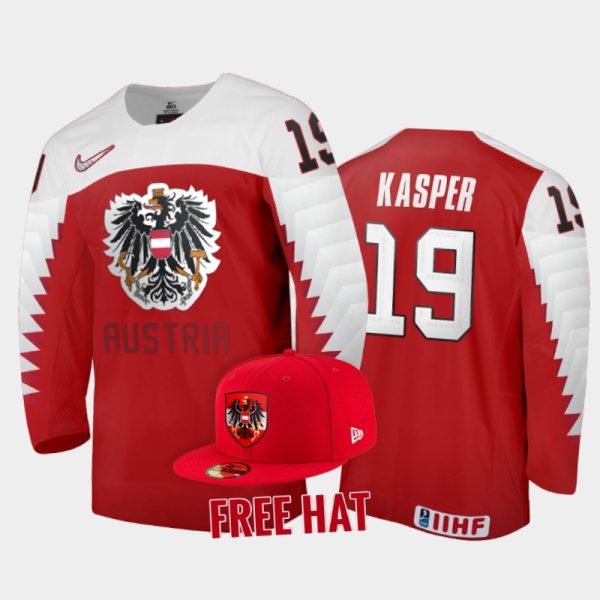 Men Austria Hockey Marco Kasper 2022 IIHF World Junior Championship Red #19 Jersey Free Hat