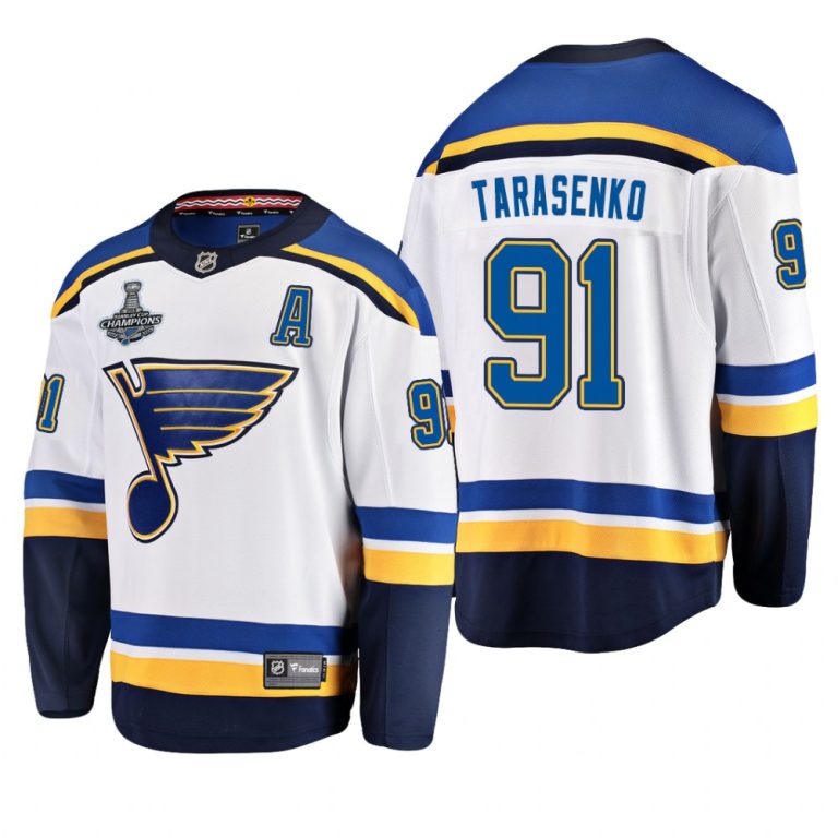 Men Blues Vladimir Tarasenko #91 2019 Stanley Cup Champions Away White Jersey -