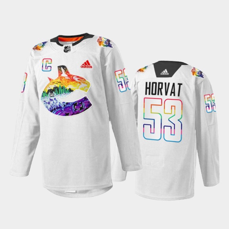 Men Bo Horvat Vancouver Canucks Pride Night Jersey White #53 Mio Artwork Warmup