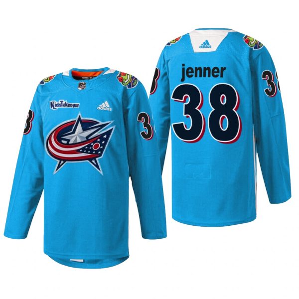 Men Boone Jenner Columbus Blue Jackets Kids Takeover Jersey Blue #38 Warmup