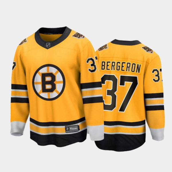 Men Boston Bruins Patrice Bergeron #37 Reverse Retro Gold 2020-21 Breakaway Player Jersey