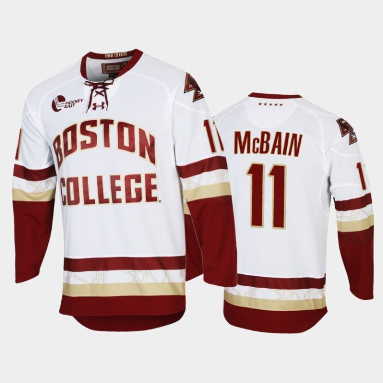 Men Boston College Eagles Jack McBain #11 College Hockey White Replica Jersey