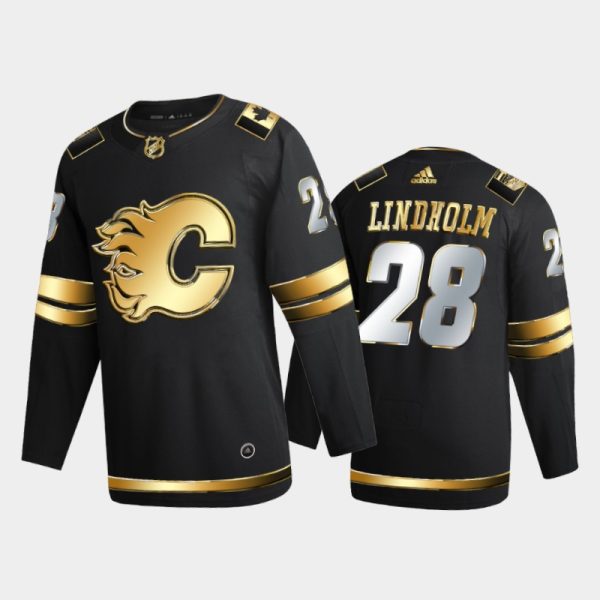Men Calgary Flames Elias Lindholm #28 2020-21 Golden Black Limited Edition Jersey