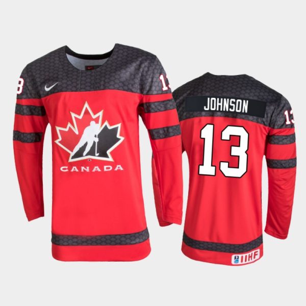 Men Canada Hockey Kent Johnson 2022 IIHF World Junior Championship Red Away Jersey #13