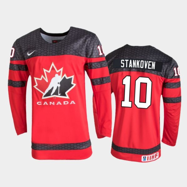 Men Canada Hockey Logan Stankoven 2022 IIHF World Junior Championship Red Away Jersey #10