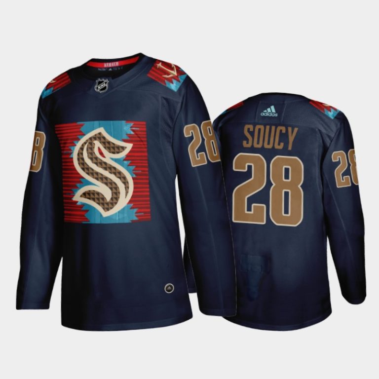 Men Carson Soucy Seattle Kraken Karuk Art-inspired Jersey Blue #28 Indigenous Peoples Night