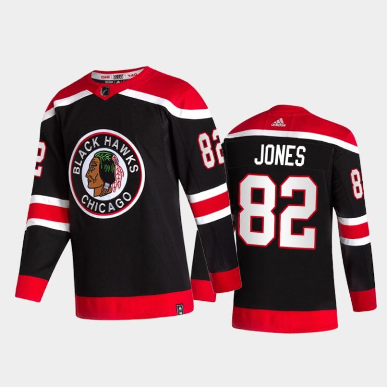 Men Chicago Blackhawks Caleb Jones #82 2021 Reverse Retro Black Special Edition Jersey