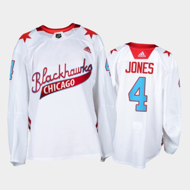 Men Chicago Blackhawks Seth Jones #4 One Community Night Jersey White Warm-Up