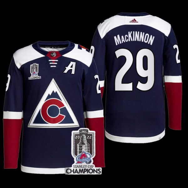 Men Colorado Avalanche 2022 Stanley Cup Champions Nathan MacKinnon Navy #29 Alternate Jersey