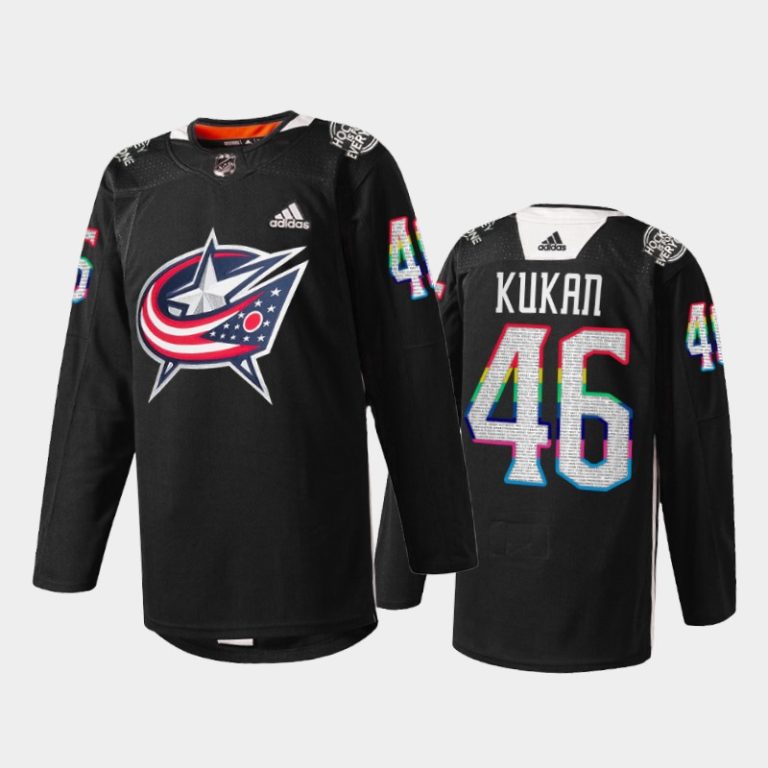 Men Columbus Blue Jackets Dean Kukan #46 HockeyIsForEveryone Jersey Black Warmup