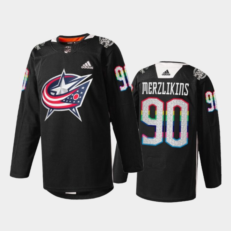 Men Columbus Blue Jackets Elvis Merzlikins #90 HockeyIsForEveryone Jersey Black Warmup