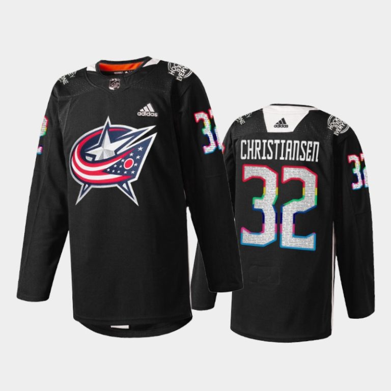 Men Columbus Blue Jackets Jake Christiansen #32 HockeyIsForEveryone Jersey Black Warmup