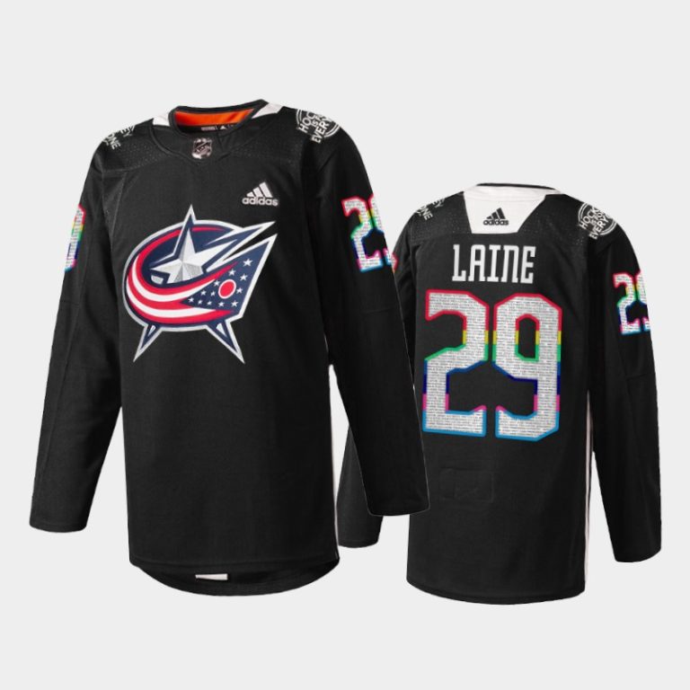 Men Columbus Blue Jackets Patrik Laine #29 HockeyIsForEveryone Jersey Black Warmup