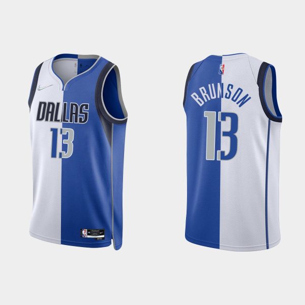 Men Dallas Mavericks #13 Jalen Brunson Split Edition 75th Royal White Jersey