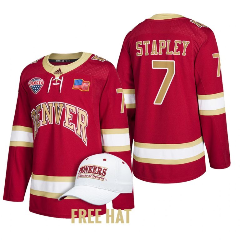 Men Denver Pioneers Brett Stapley #7 2022 NCAA Regional Finals Crimson Hockey Jersey