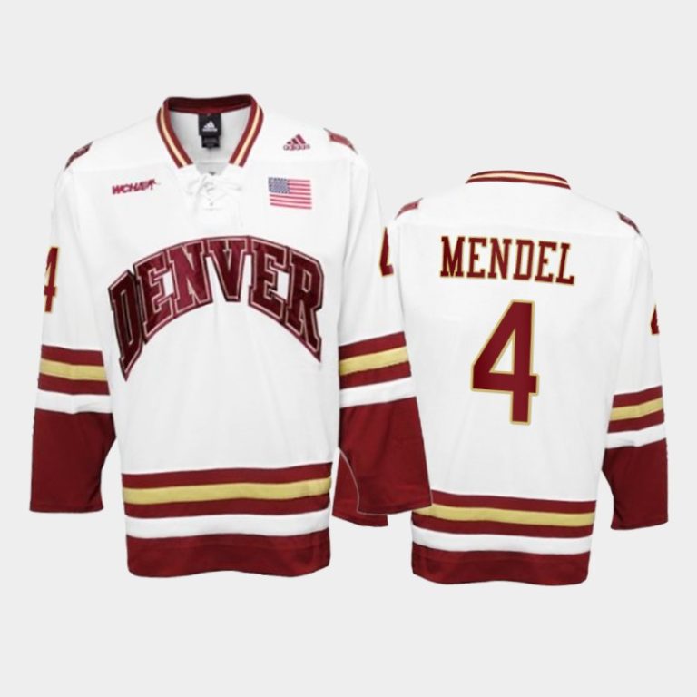 Men Denver Pioneers Griffin Mendel #4 College Hockey White Premier Jersey