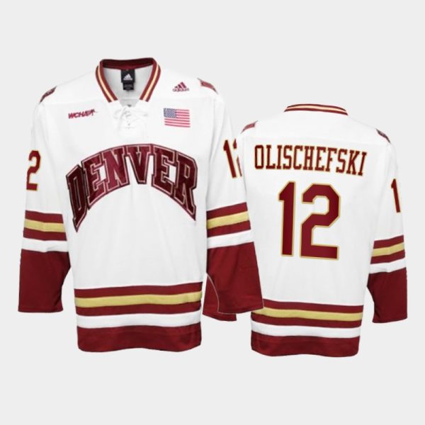 Men Denver Pioneers Kohen Olischefski #12 College Hockey White Premier Jersey