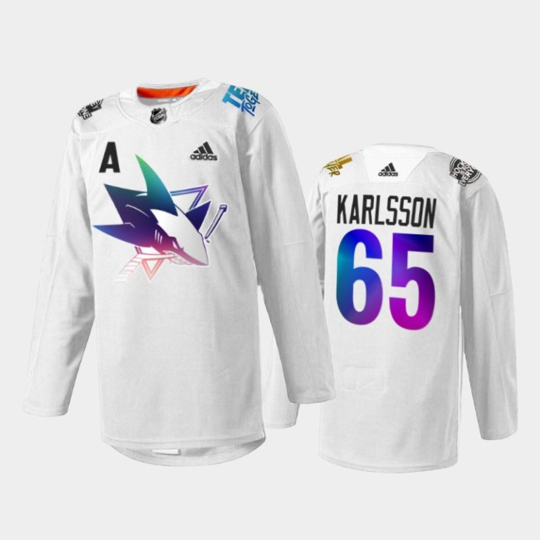 Men Erik Karlsson San Jose Sharks Pride Night 2022 Jersey White #65 HockeyIsForEveryone