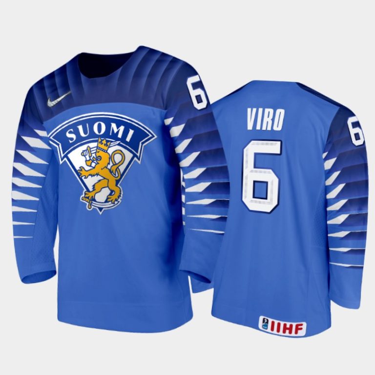 Men Finland Hockey Eemil Viro 2022 IIHF World Junior Championship Blue #6 Jersey Away