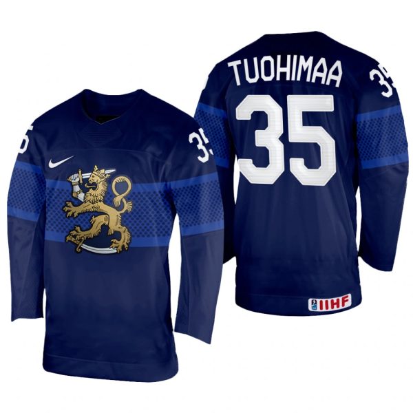 Men Finland Hockey Frans Tuohimaa 2022 IIHF World Championship Navy #35 Jersey Away