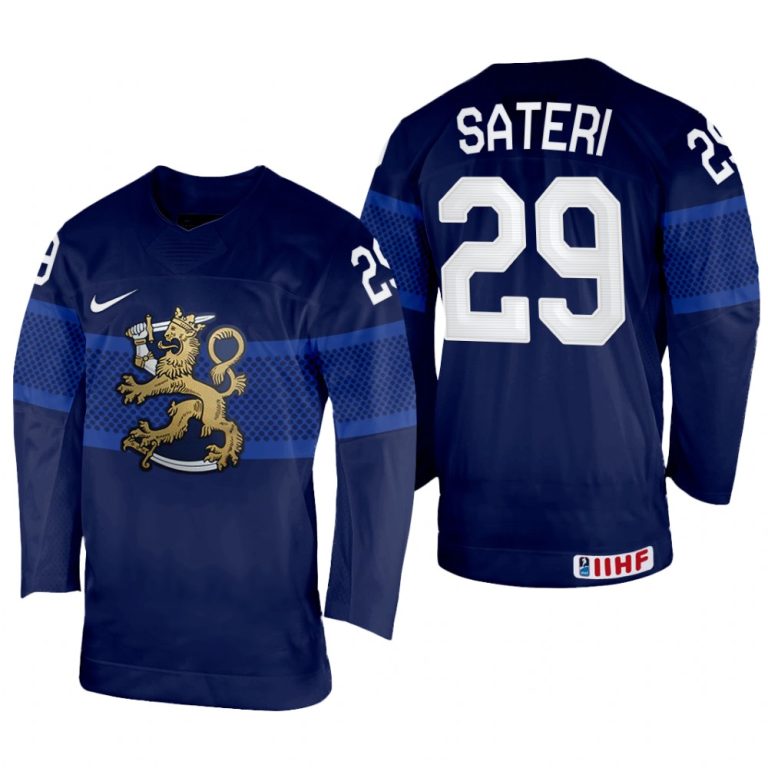 Men Finland Hockey Harri Sateri 2022 IIHF World Championship Navy #29 Jersey Away