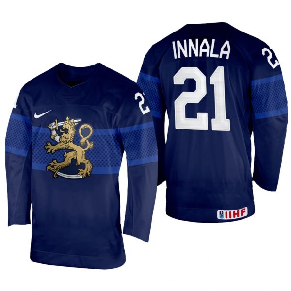 Men Finland Hockey Jere Innala 2022 IIHF World Championship Navy #21 Jersey Away