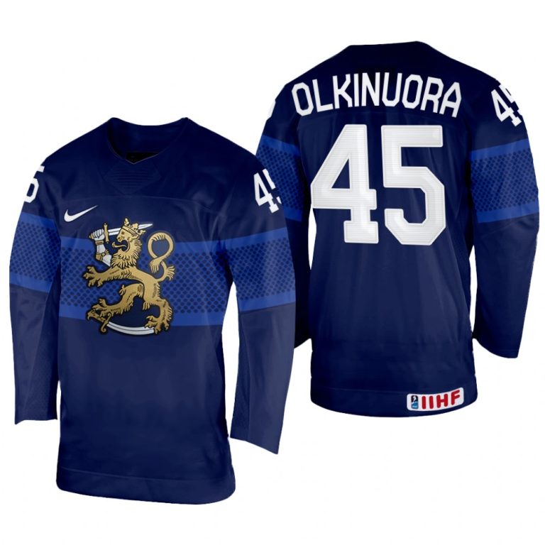 Men Finland Hockey Juho Olkinuora 2022 IIHF World Championship Navy #45 Jersey Away