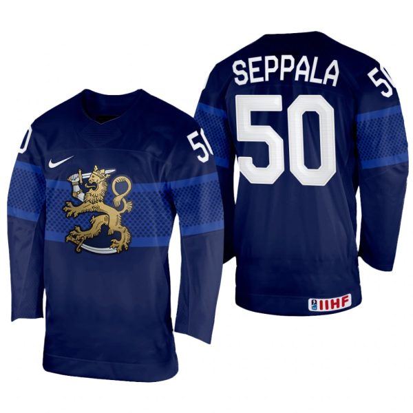 Men Finland Hockey Mikael Seppala 2022 IIHF World Championship Navy #50 Jersey Away