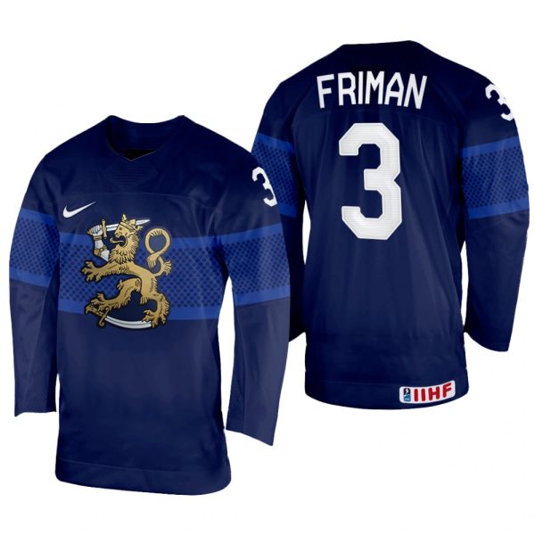 Men Finland Hockey Niklas Friman 2022 IIHF World Championship Navy #3 Jersey Away