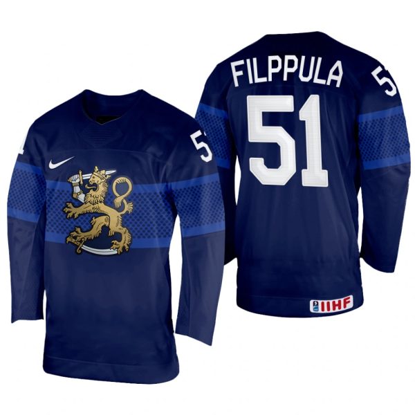 Men Finland Hockey Valtteri Filppula 2022 IIHF World Championship Navy #51 Jersey Away