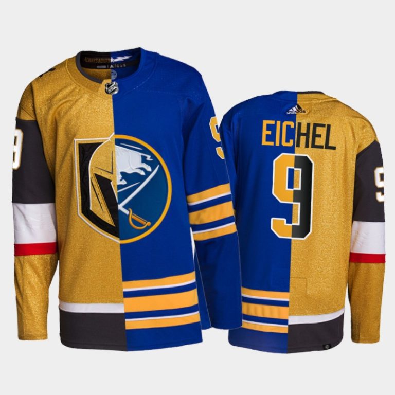 Men Jack Eichel #9 Golden Knights X Sabres Dual Teams Split Jersey Gold Royal Special Edition Uniform