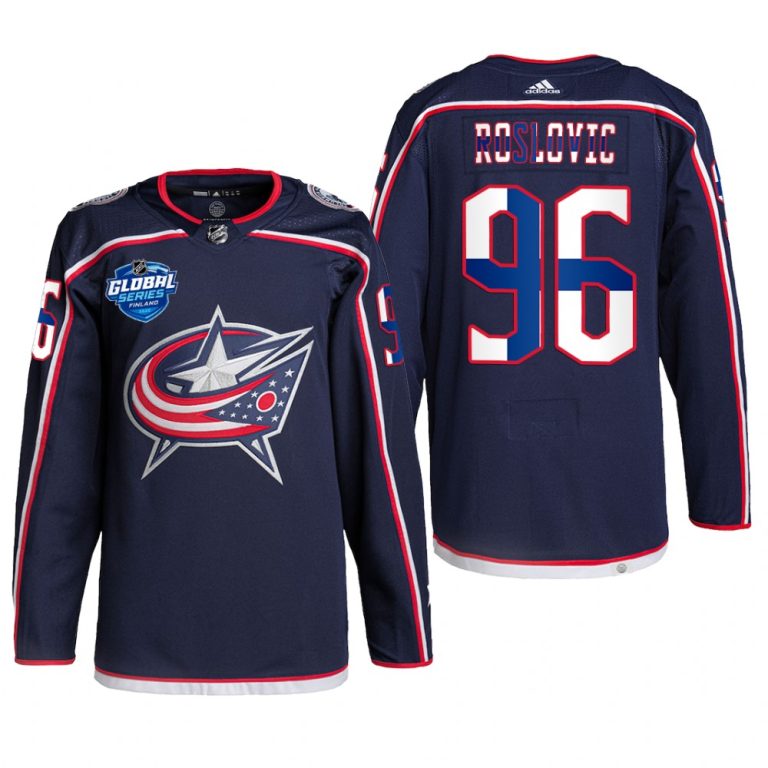 Men Jack Roslovic Columbus Blue Jackets 2022 NHL Global Series Jersey Navy #96 Finland Edition Uniform