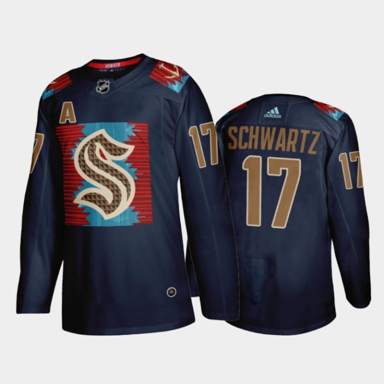 Men Jaden Schwartz Seattle Kraken Karuk Art-inspired Jersey Blue #17 Indigenous Peoples Night