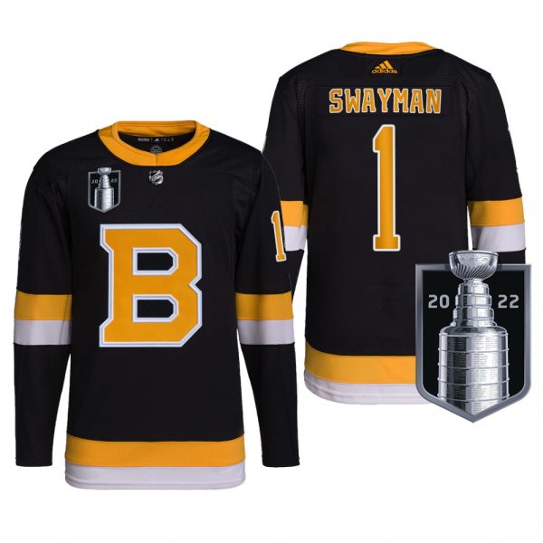 Men Jeremy Swayman Boston Bruins 2022 Stanley Cup Playoffs Jersey Black #1 Pro Uniform