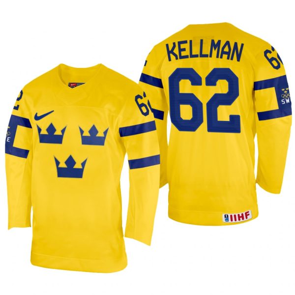 Men Joel Kellman Sweden Hockey Yellow Home Jersey 2022 IIHF World Championship