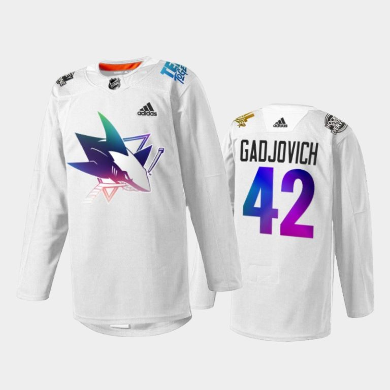 Men Jonah Gadjovich San Jose Sharks Pride Night 2022 Jersey White #42 HockeyIsForEveryone