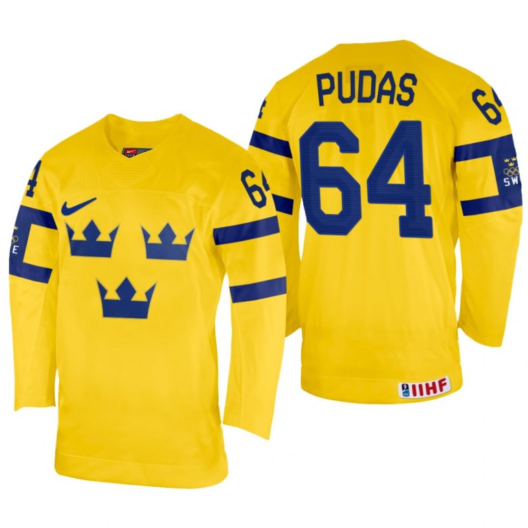 Men Jonathan Pudas Sweden Hockey Yellow Home Jersey 2022 IIHF World Championship