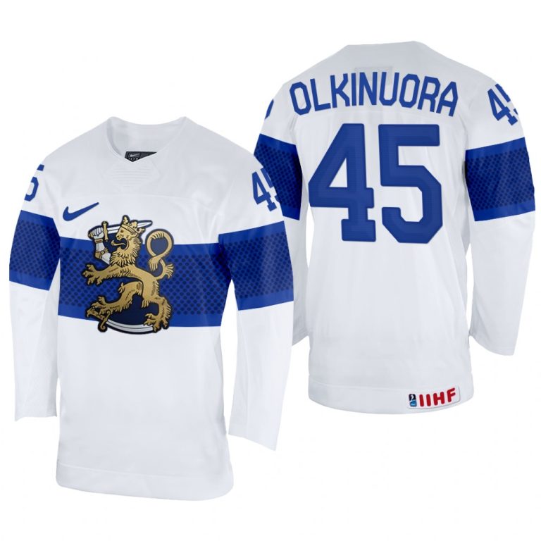 Men Juho Olkinuora Finland Hockey White Home Jersey 2022 IIHF World Championship