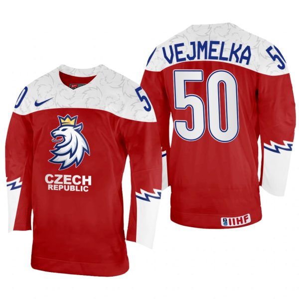 Men Karel Vejmelka Czechia Hockey Red Away Jersey 2022 IIHF World Championship