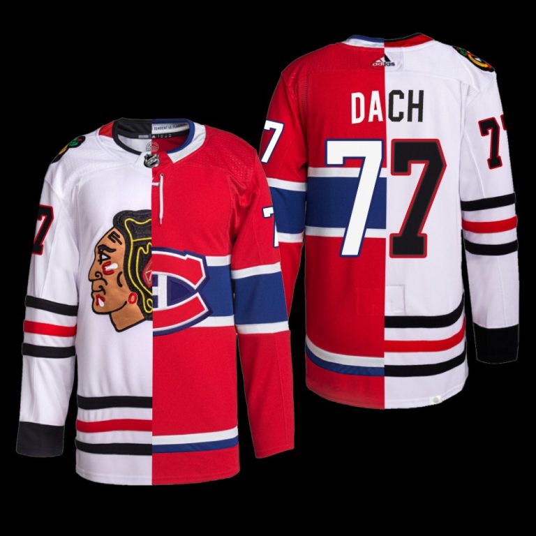 Men Kirby Dach #77 Blackhawks x Canadiens Split Edition White Red Special Jersey