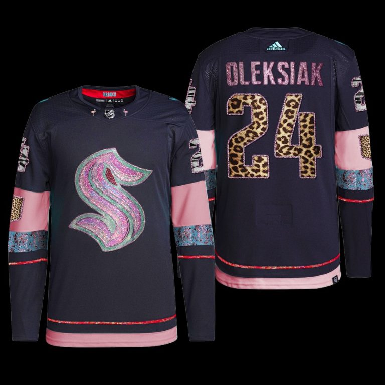 Men MGK Leopard Print Seattle Kraken Jamie Oleksiak Jersey Diamond Limited Navy #24 Uniform