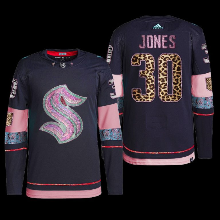 Men MGK Leopard Print Seattle Kraken Martin Jones Jersey Diamond Limited Navy #30 Uniform