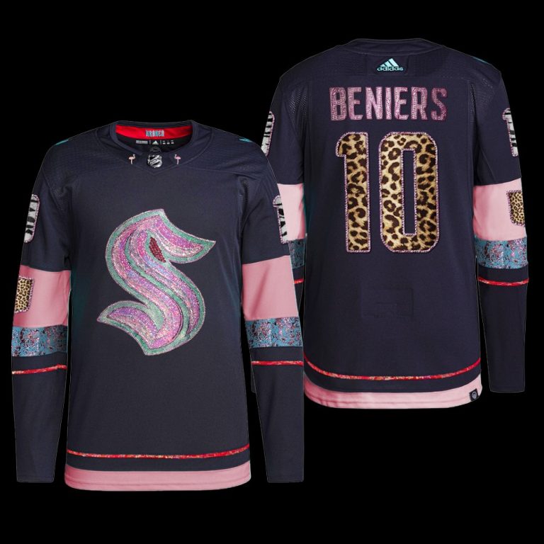 Men MGK Leopard Print Seattle Kraken Matty Beniers Jersey Diamond Limited Navy #10 Uniform