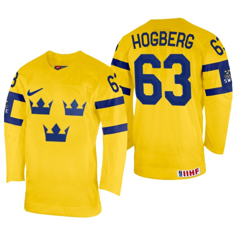 Men Marcus Hogberg Sweden Hockey Yellow Home Jersey 2022 IIHF World Championship